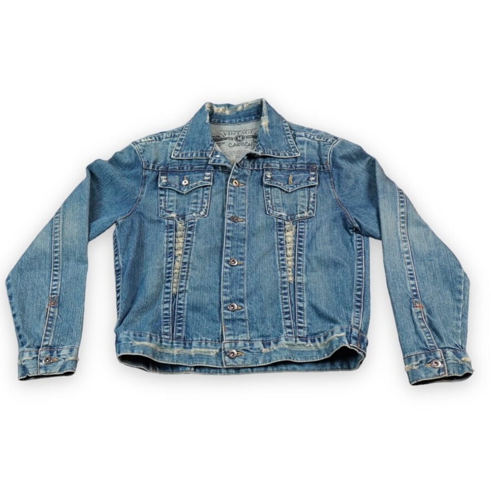 CARBON Trucker Jacket Mens Medium Blue Denim Jean Distressed‎ Button Up Biker